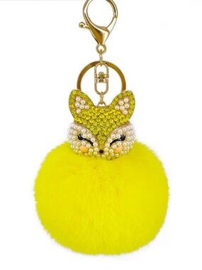 Black Rhinestone Fox Fluffy Pom-Pom Keychain. H-6.4”  W-3”. New.